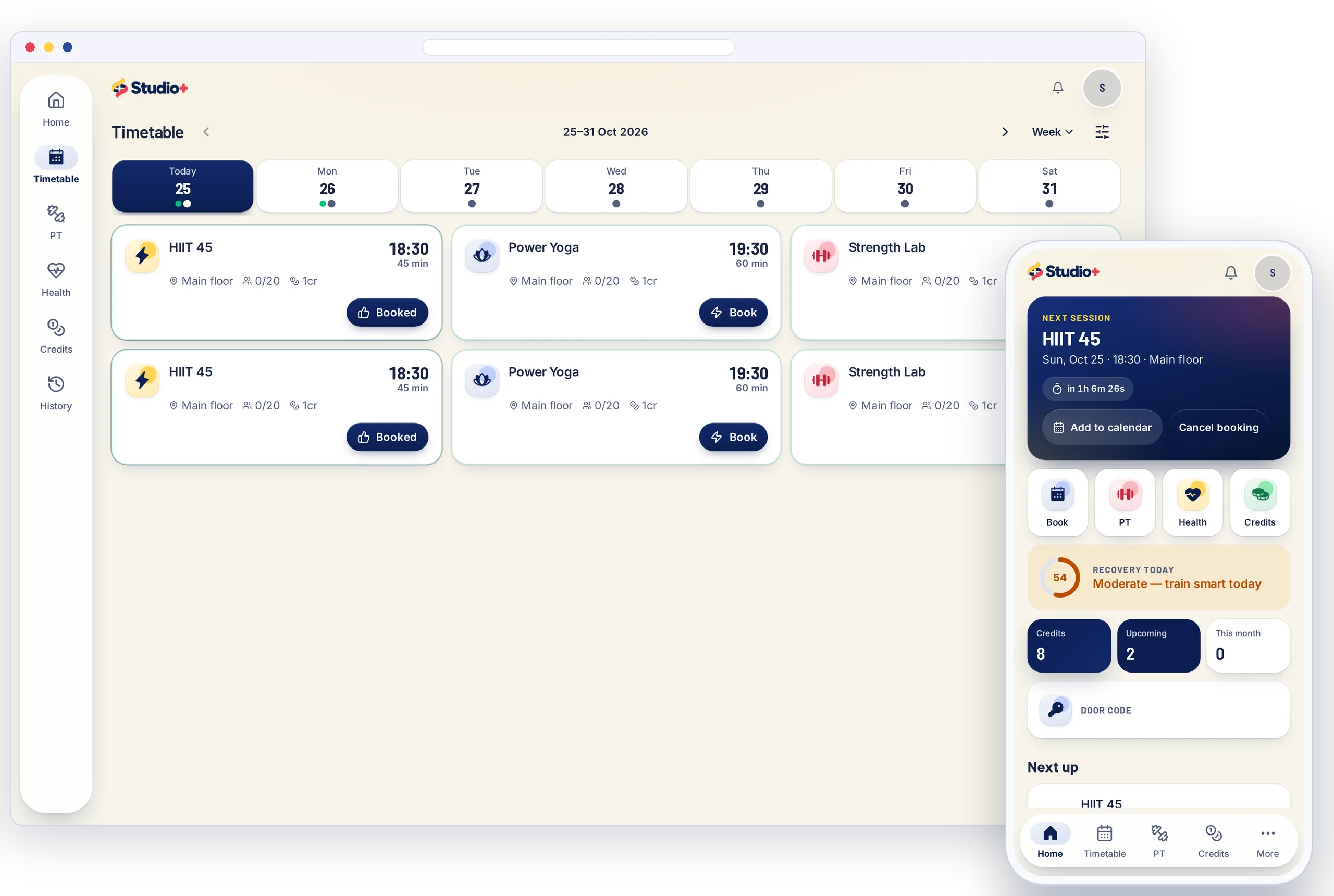 Studio+ member timetable on desktop and the member home screen on a phone, using example gym data