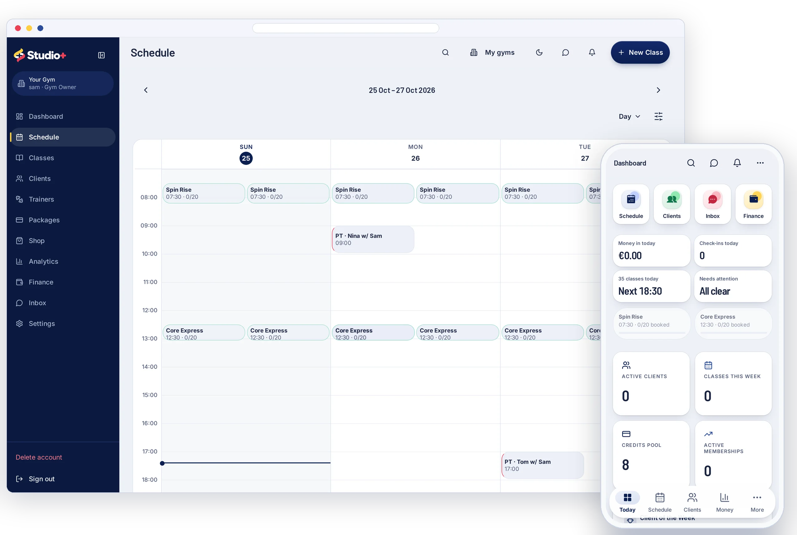 Studio+ gym owner timetable on desktop with the owner dashboard on a phone, using example gym data